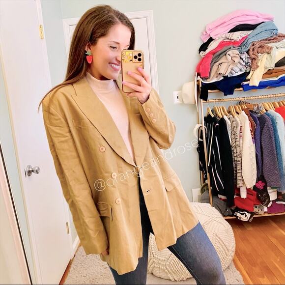 Vintage SK Jessica Tierney Tan Neutral Limen Blend Double Breasted Blazer 12 - Picture 1 of 11